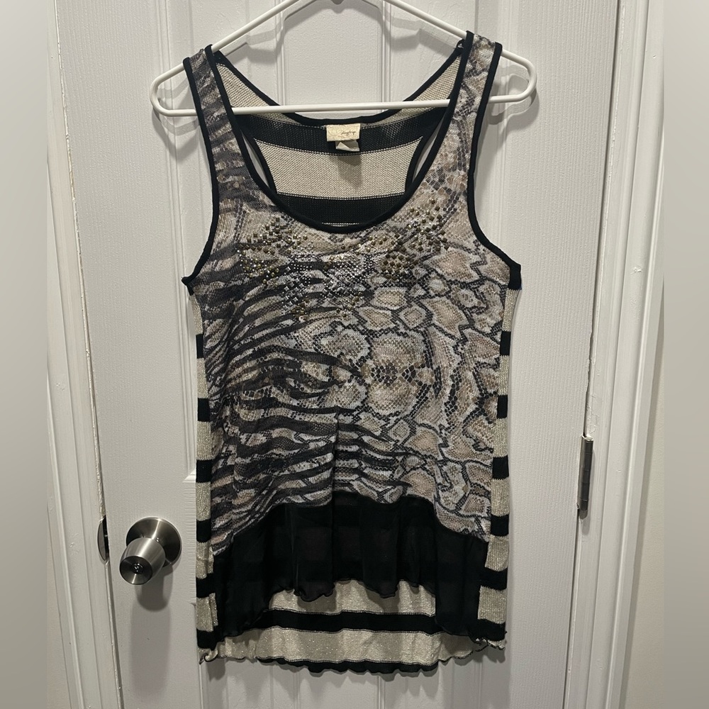 Daytrip Flowy Striped and Snake Skin Beaded Tank Top